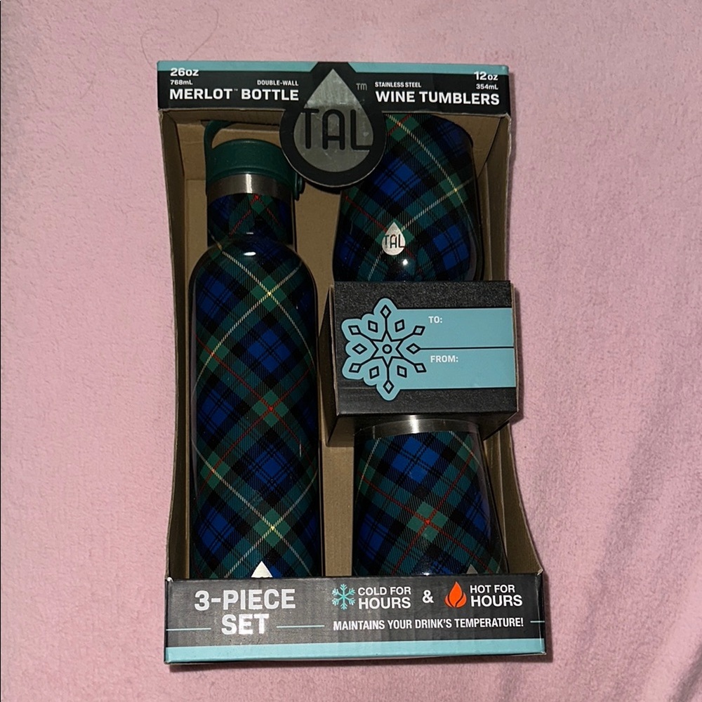 TAL Plaid Merlot Bottle and Wine Tumblers Set